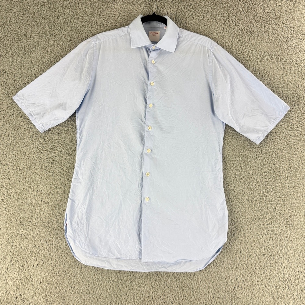 Thomas Pink Button Up Shirt Mens 15.5 Light Blue Slim Fit Short Sleeve Cotton
